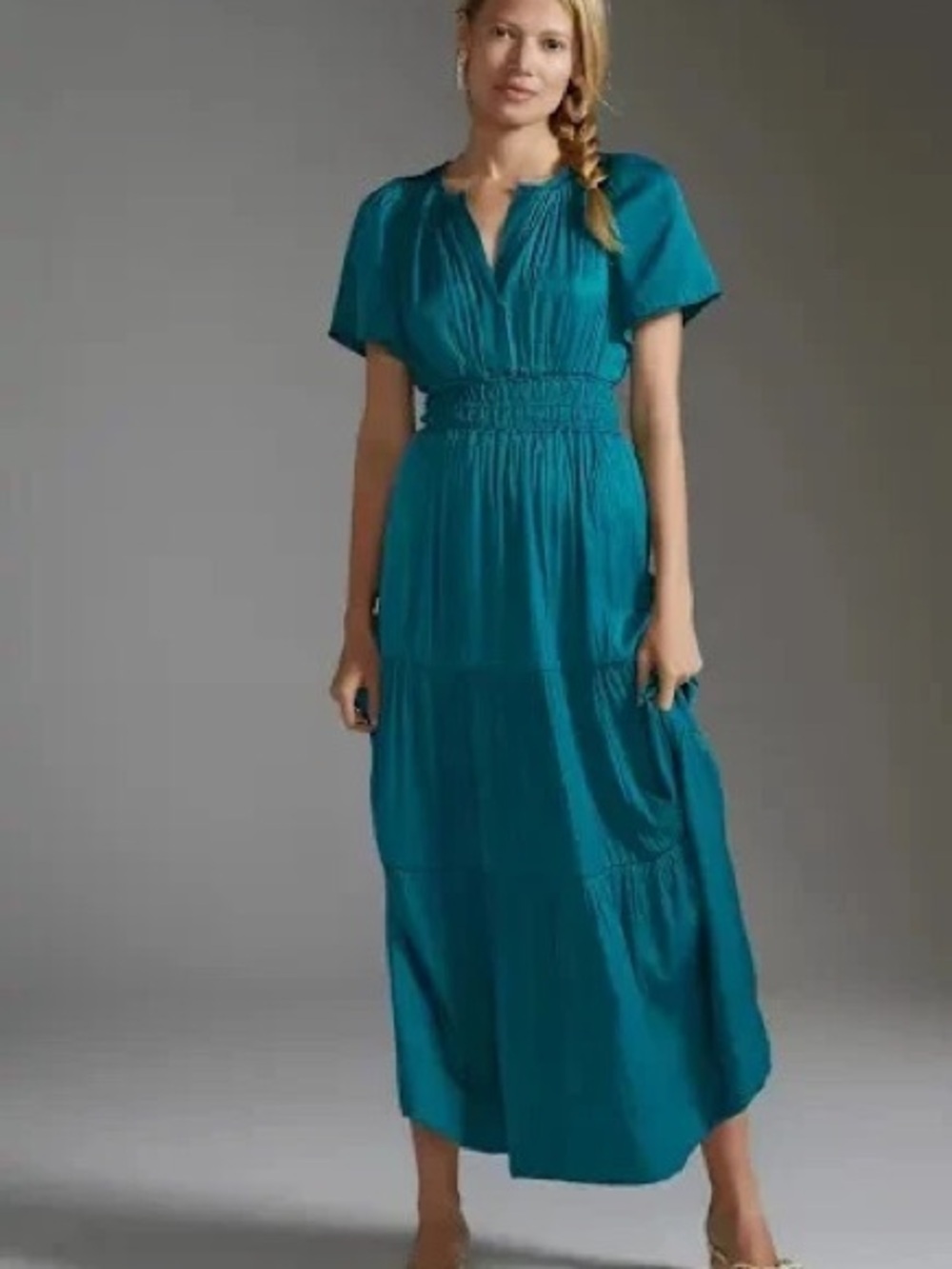 Anthropologie Sommerset satin crinkle maxi dress large teal